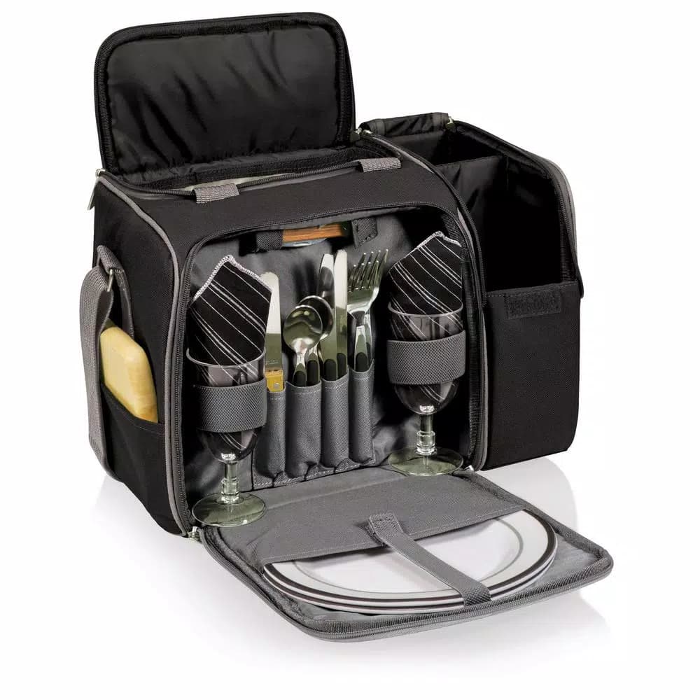Picnic Time Malibu Black Wood Picnic Cooler Tote - Insulated Picnic Set for Two