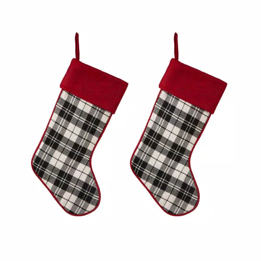 Glitzhome 20 in. Black and White Plaid Christmas Stockings, Cotton/Spandex Blend (2-Pack)