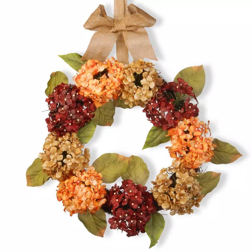 National Tree Company 24 in. Mixed Hydrangea Flower Wreath with Burlap Ribbon