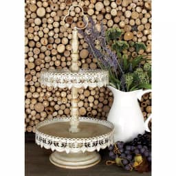 LITTON LANE 24 in. 2-Tiered Round Iron Tray Stand with Floral Bunting Overhang, Whitewashed & Rust Brown thumbnail 1