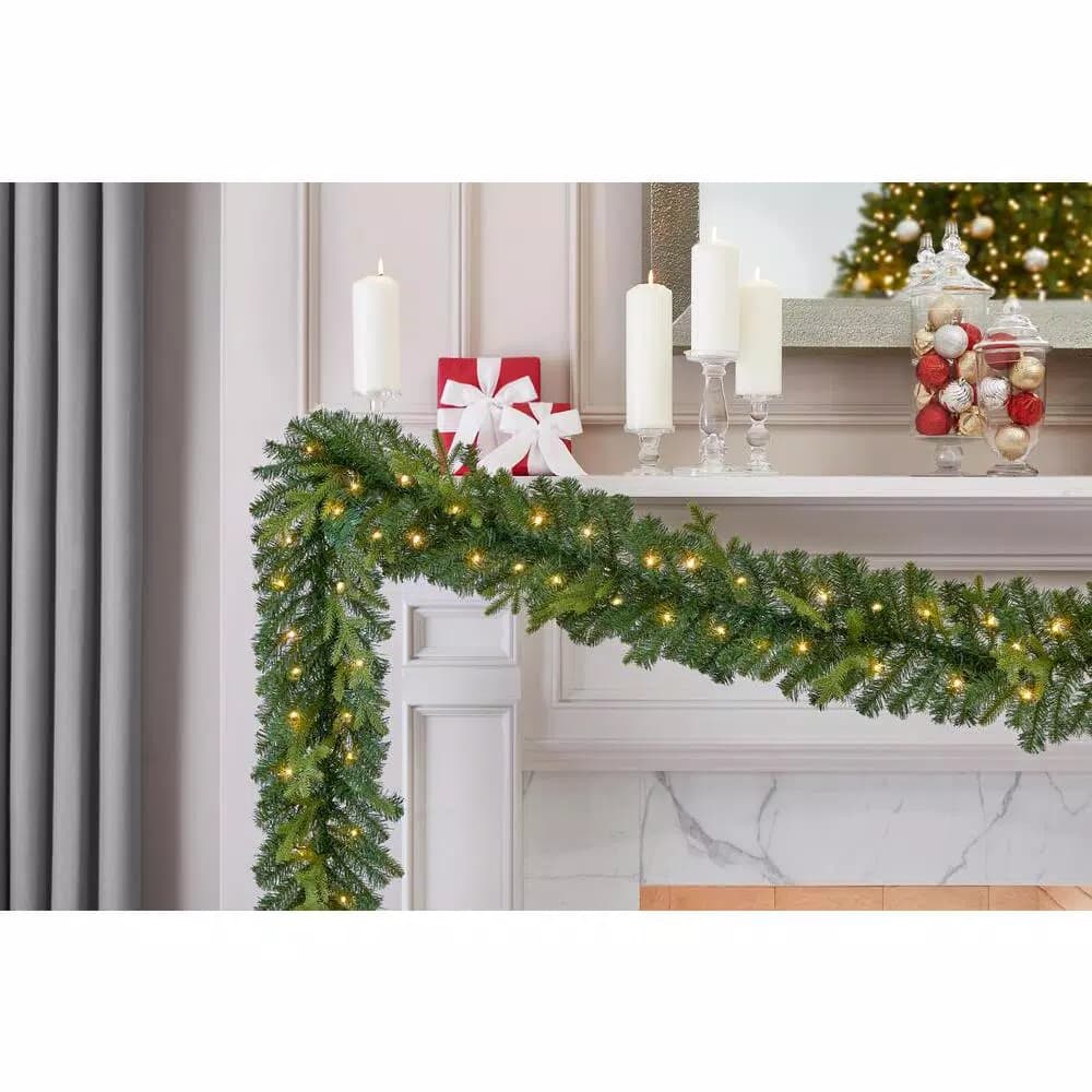 Home Accents Holiday 12 ft. Noble Fir Pre-Lit LED Christmas Garland with Timer, Warm White Micro Dot Lights