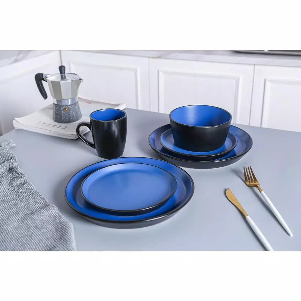 STONE LAIN 32-Piece Blue and Black Stoneware Dinnerware Set, Service for 8