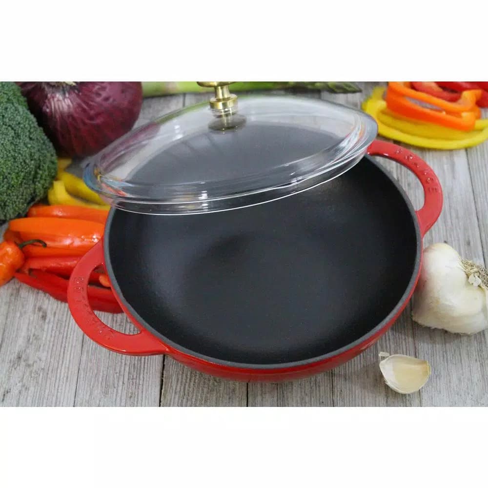 Chasseur 7 in. Red Enameled Cast Iron Mini Wok with Glass Lid
