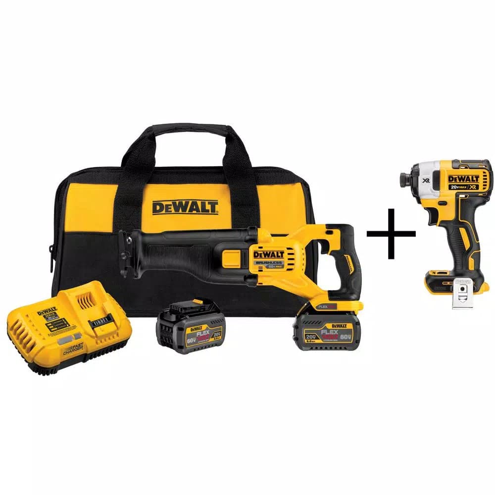 DEWALT FLEXVOLT 60V MAX Brushless Cordless Reciprocating Saw Kit with (2) 2Ah Batteries & Bonus Impact Driver