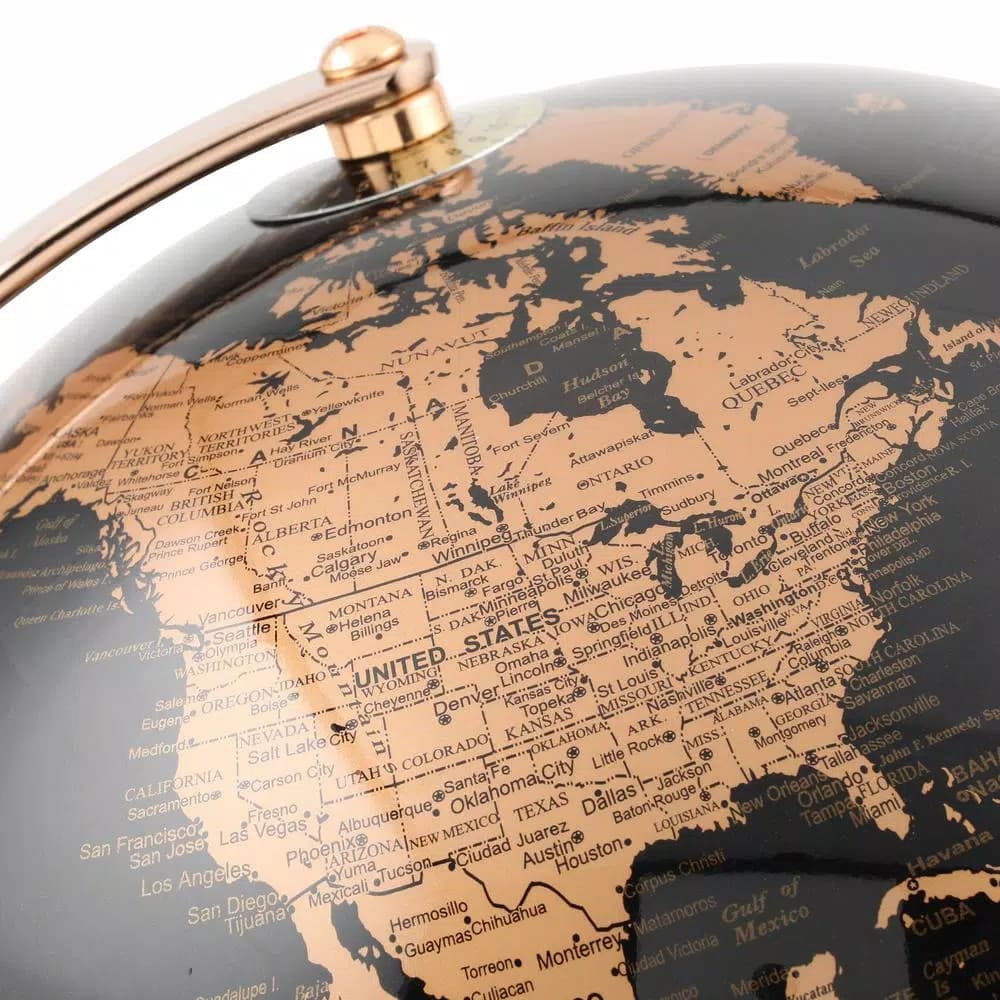 Unbranded 12.5 in. Black and Gold Topographical LED Globe with Rose Gold Metal Frame