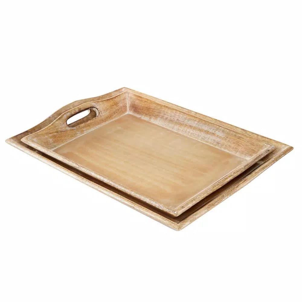 LITTON LANE Distressed Brown Decorative Wooden Trays, Set of 2, Mango Wood & MDF