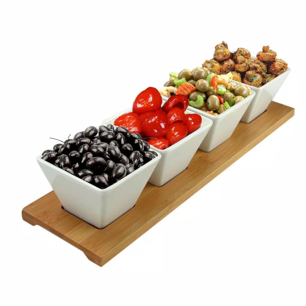 Elama Signature Collection Stoneware Appetizer and Condiment Server Set with Bamboo Tray
