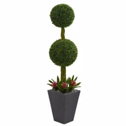 Nearly Natural 5 ft. Artificial Double Boxwood Ball Topiary Tree with Pink Bromeliads in Slate Planter thumbnail 1