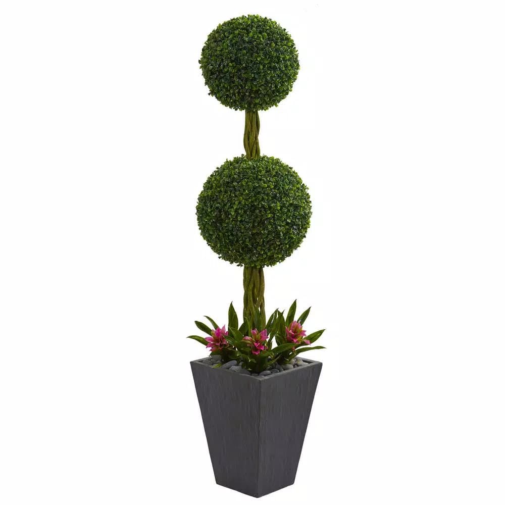 Nearly Natural 5 ft. Artificial Double Boxwood Ball Topiary Tree with Pink Bromeliads in Slate Planter