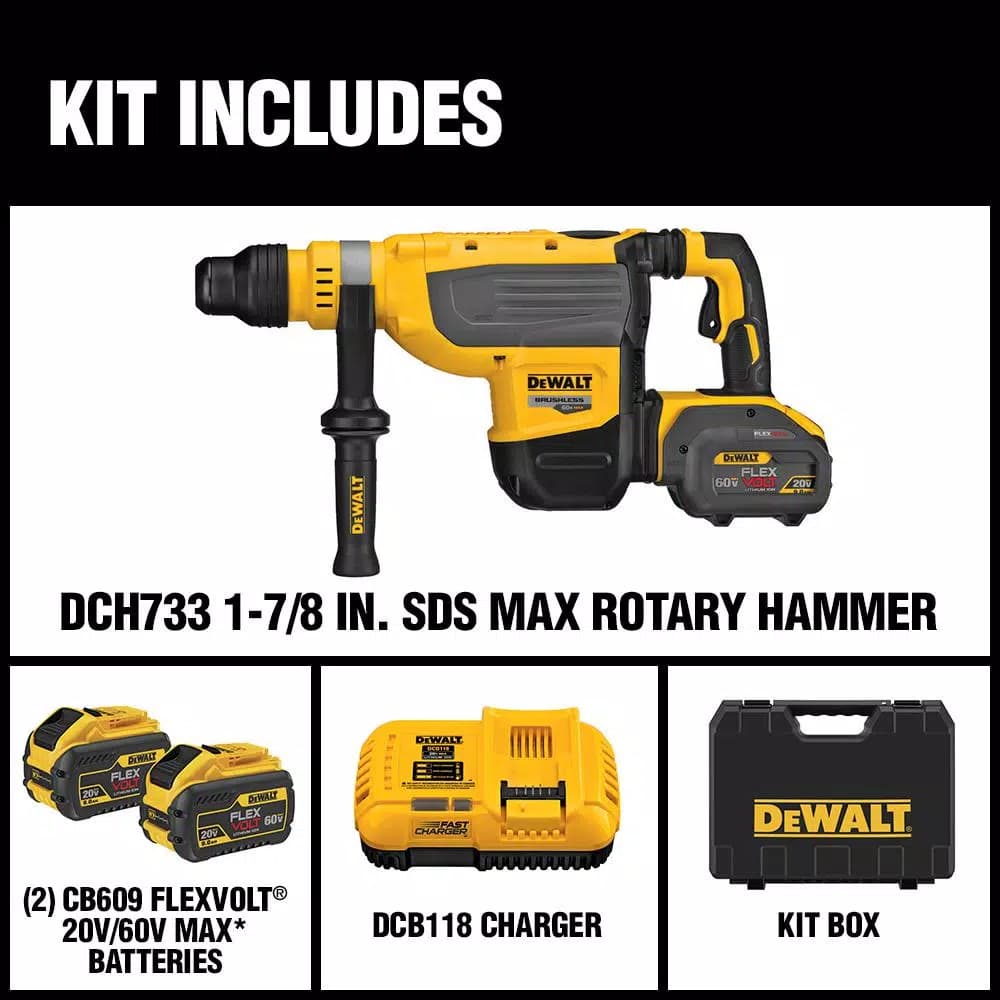 DEWALT DCH733X2 FLEXVOLT 60V MAX SDS MAX Combination Rotary Hammer Kit with (2) 9.0Ah Batteries