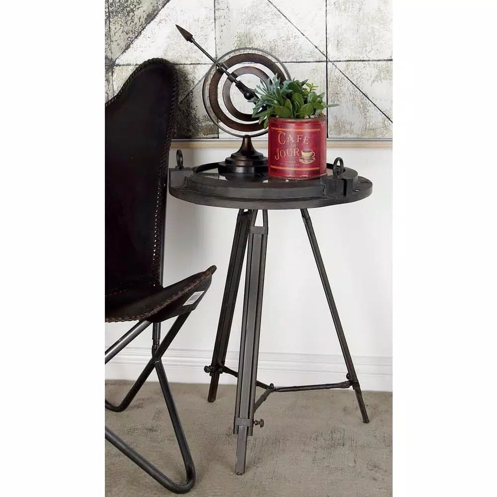 LITTON LANE 24 in. Iron Compass and Porthole Analog Clock Table, Nautical Industrial Decor