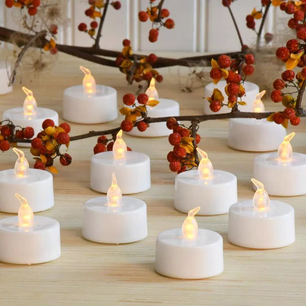 LUMABASE Amber LED Tea Light Candles - Battery Operated Flickering Flameless Set (24-Count)
