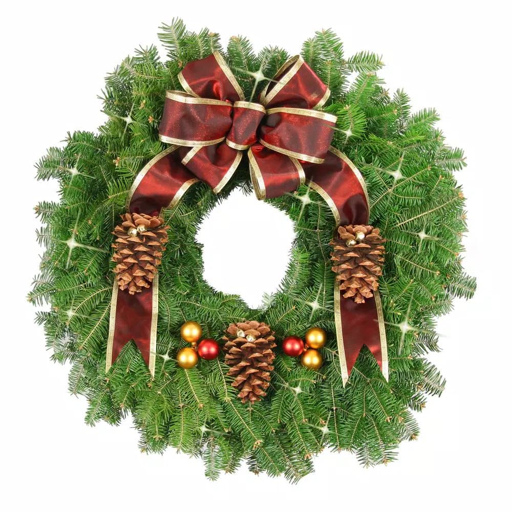 Unbranded 25 in. Live Balsam Fir Christmas Wreath with Gold Edged Maroon Bow and LED Lights