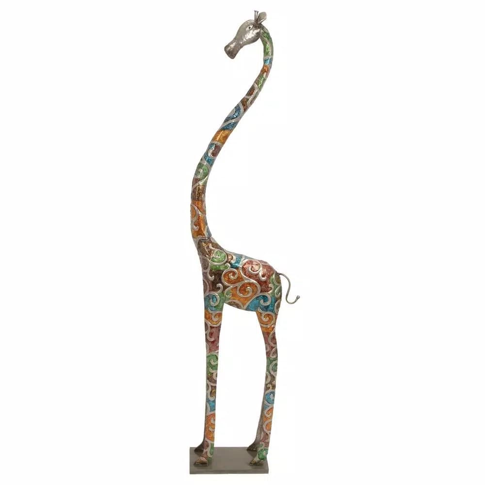 LITTON LANE Stylized Giraffe Metal Sculpture - 73" Tall Multi-Colored Glazed Iron Statuary