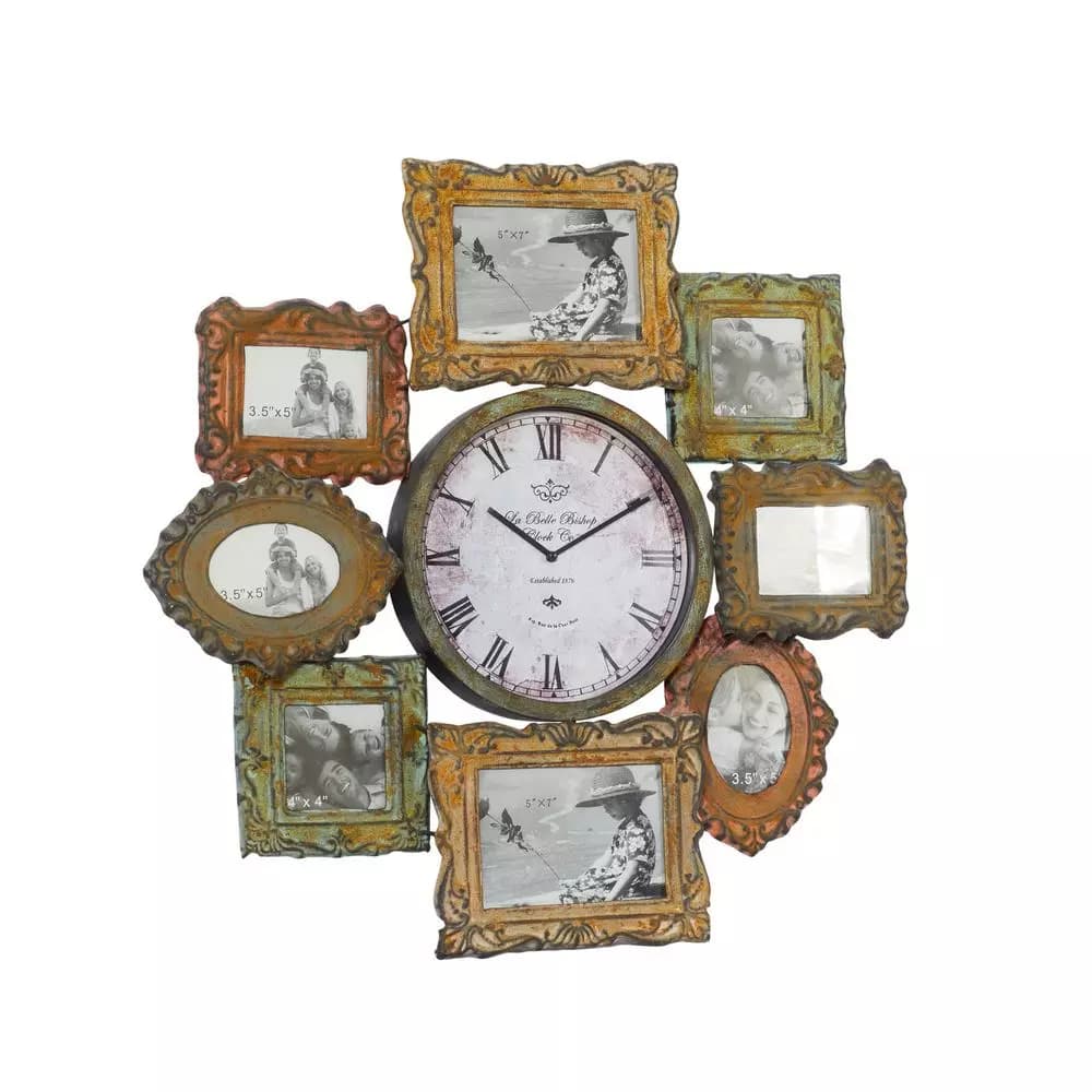 LITTON LANE 25 in. Metal Victorian Photo Frame Montage and Wall Clock with 8 Frames