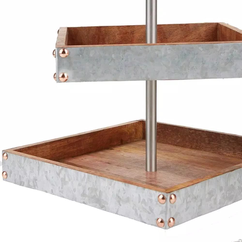 Mind Reader Products 3-Tier Silver Cake Stand, Galvanized Steel & Wood Dessert Display with Handle