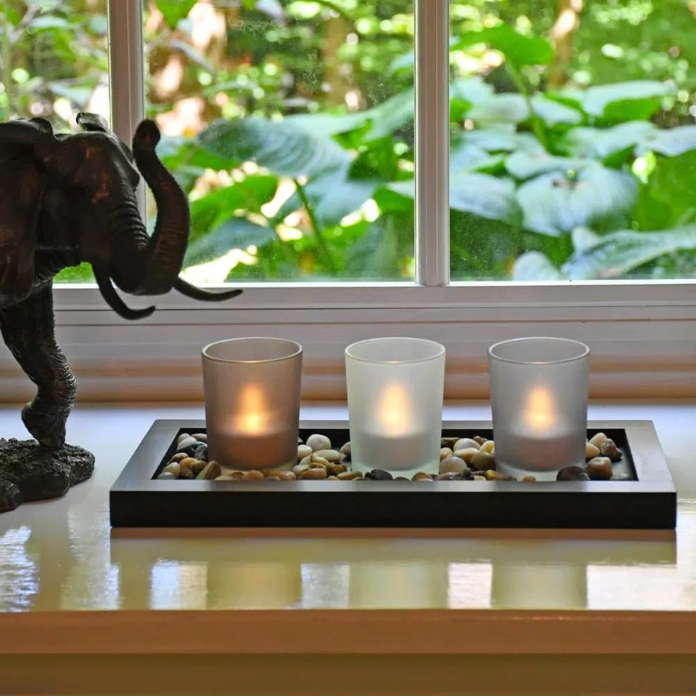 LUMABASE Pebble Candle Tray Set with 3 Frosted Glass Votive Holders and Smooth Pebbles - Black Wood