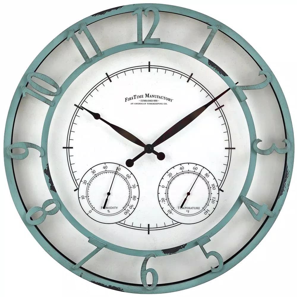 FirsTime 18 in. Laguna Round Outdoor Wall Clock with Thermometer and Hygrometer - Aged Teal
