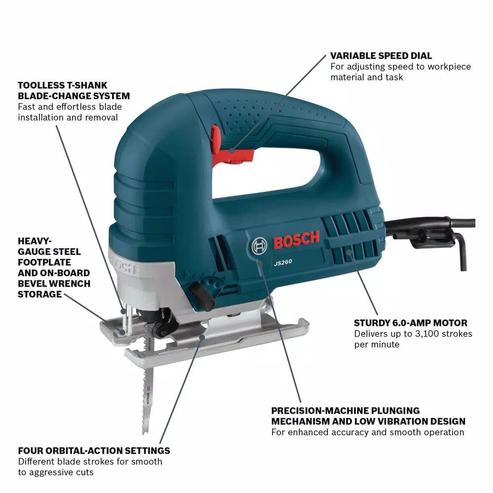 Bosch JS260 6 Amp Corded Variable Speed Top-Handle Jig Saw with Carrying Bag, Reconditioned