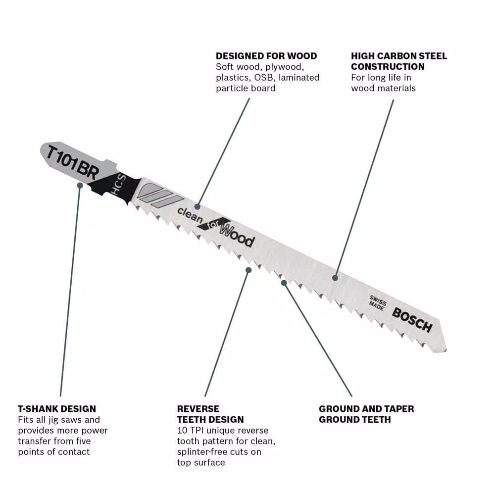 Bosch 10 TPI High Carbon Steel T-Shank Jigsaw Blades for Wood and Plastic, 5-Pack