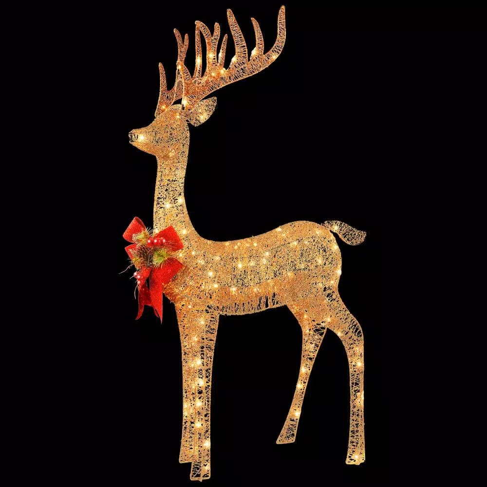 National Tree Company 48 in. Pre-lit Standing Reindeer Sculpture with 105 Clear Lights, Champagne & Red