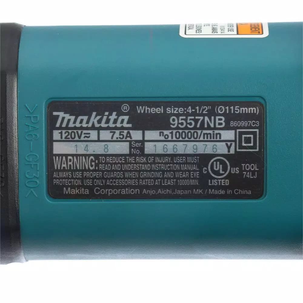 Makita 4-1/2 in. Corded Angle Grinder, 7.5 Amp, 11,000 RPM with Grinding Wheel