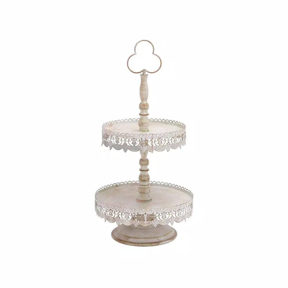 LITTON LANE 24 in. 2-Tiered Round Iron Tray Stand with Floral Bunting Overhang, Whitewashed & Rust Brown
