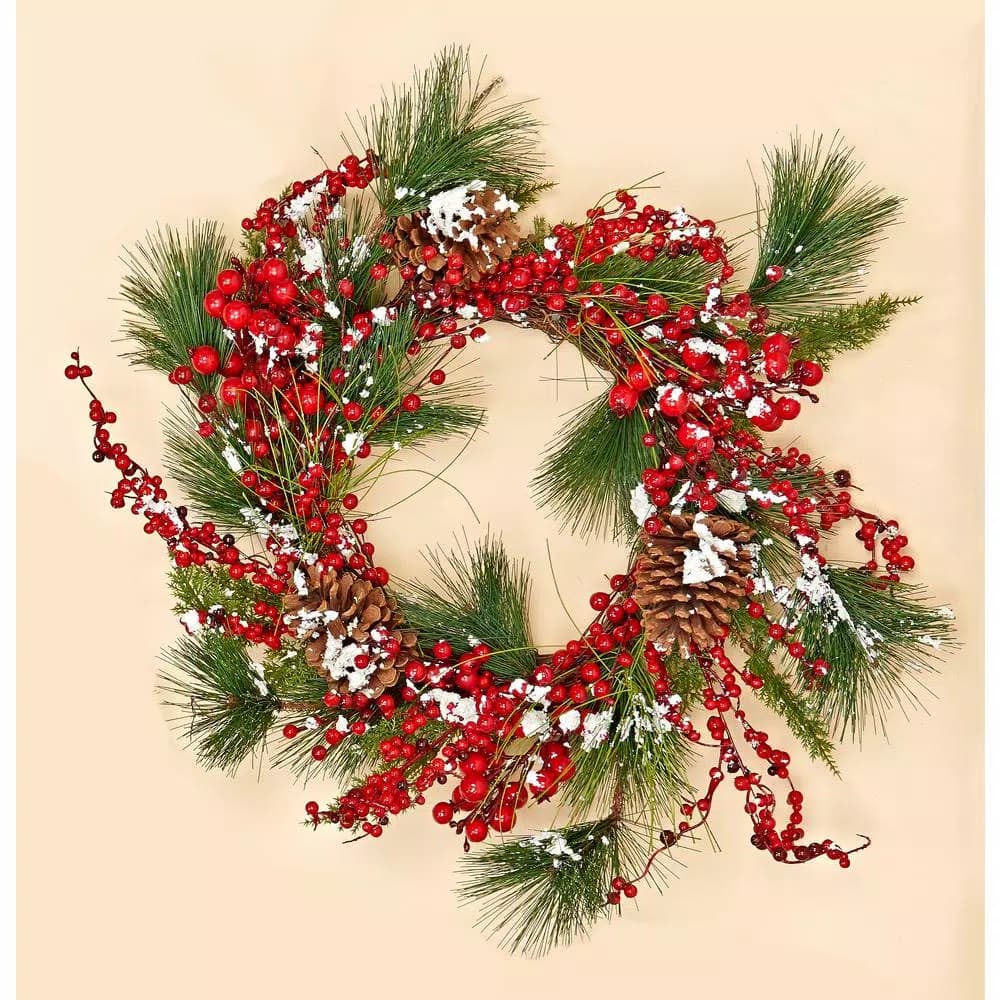 Unbranded 22 in. Snowy Weatherproof Berry Pinecone Pine Wreath