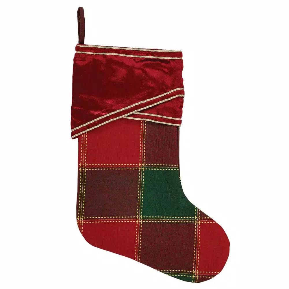 VHC Brands Tristan 15 in. Traditional Christmas Stocking - Cherry Red & Shamrock Green Plaid