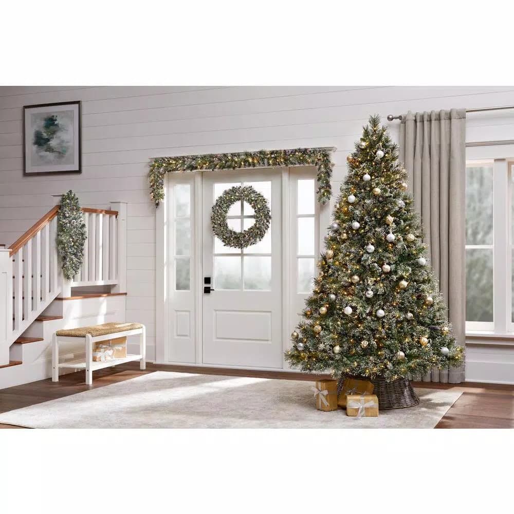 Home Accents Holiday 30in. Sparkling Amelia Pine Pre-lit LED Artificial Christmas Wreath with 50 Warm White Micro-Dot Lights
