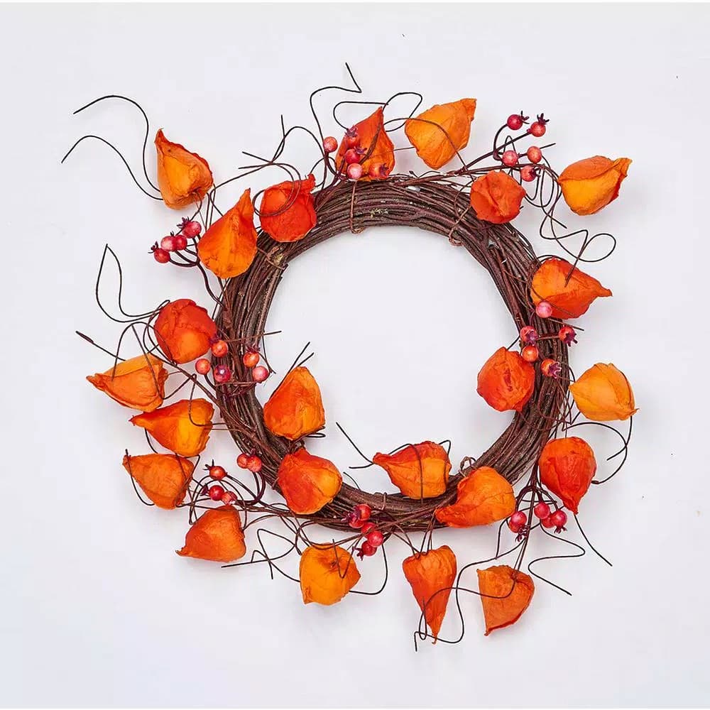 Unbranded 12 in. Chinese Lantern Wreath with Berries and Vines on Natural Twig Base