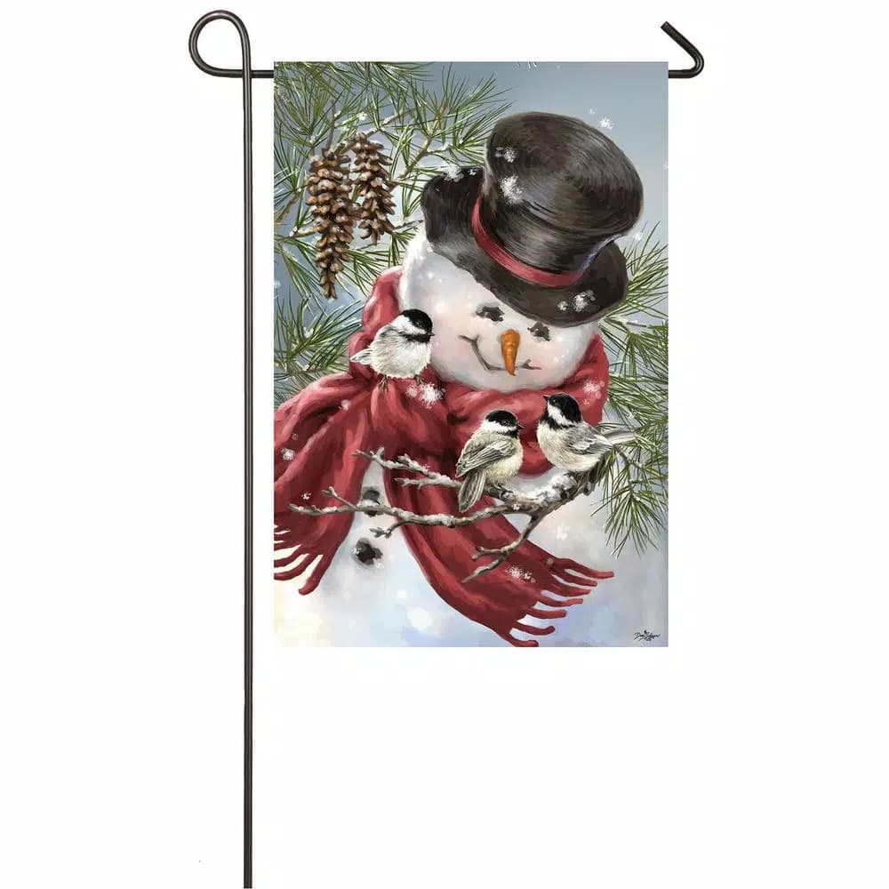 Evergreen Snowman Snuggles Christmas Garden Satin Flag, 18 x 12.5 in.