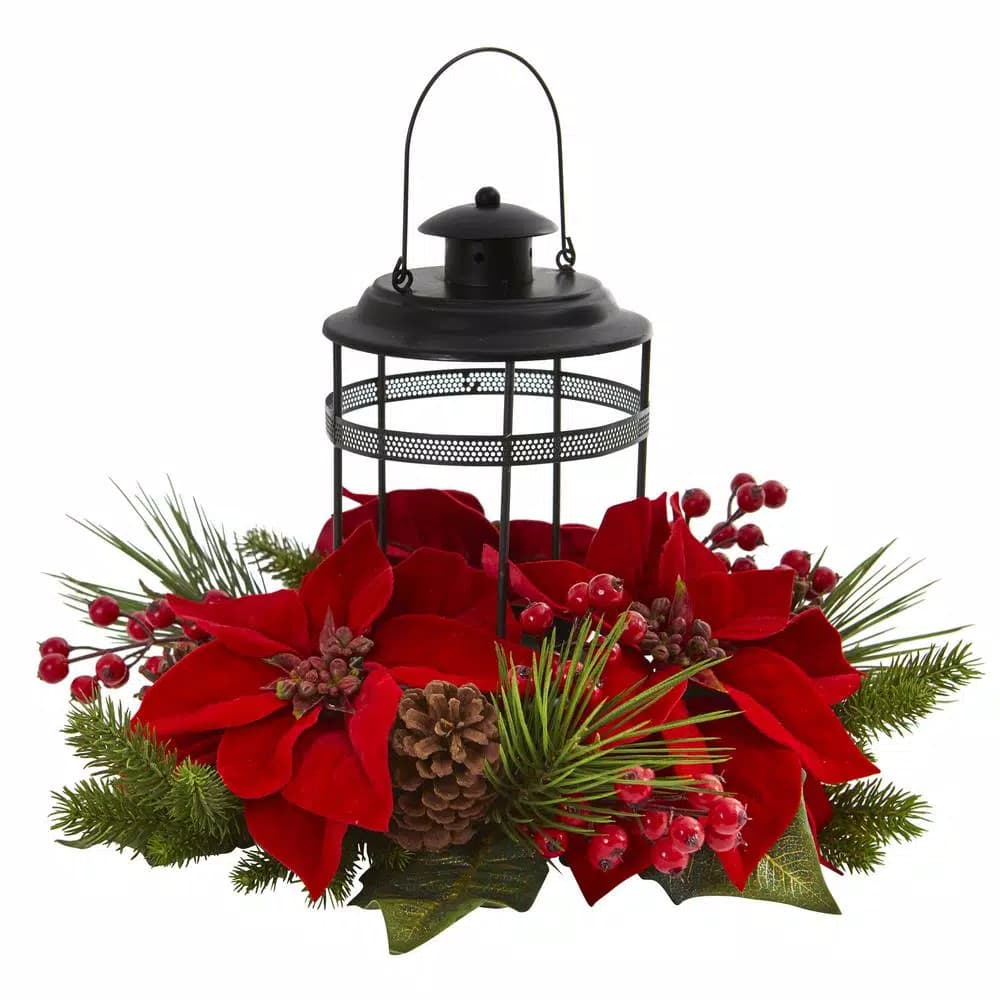 Nearly Natural Poinsettia Berry Pine Artificial Floral Arrangement with Black Candelabrum