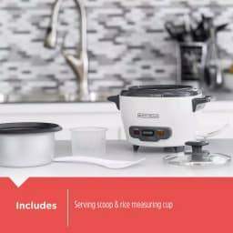 BLACK+DECKER 3-Cup White Electric Rice Cooker with Steaming Basket and Non-Stick Pot thumbnail 7