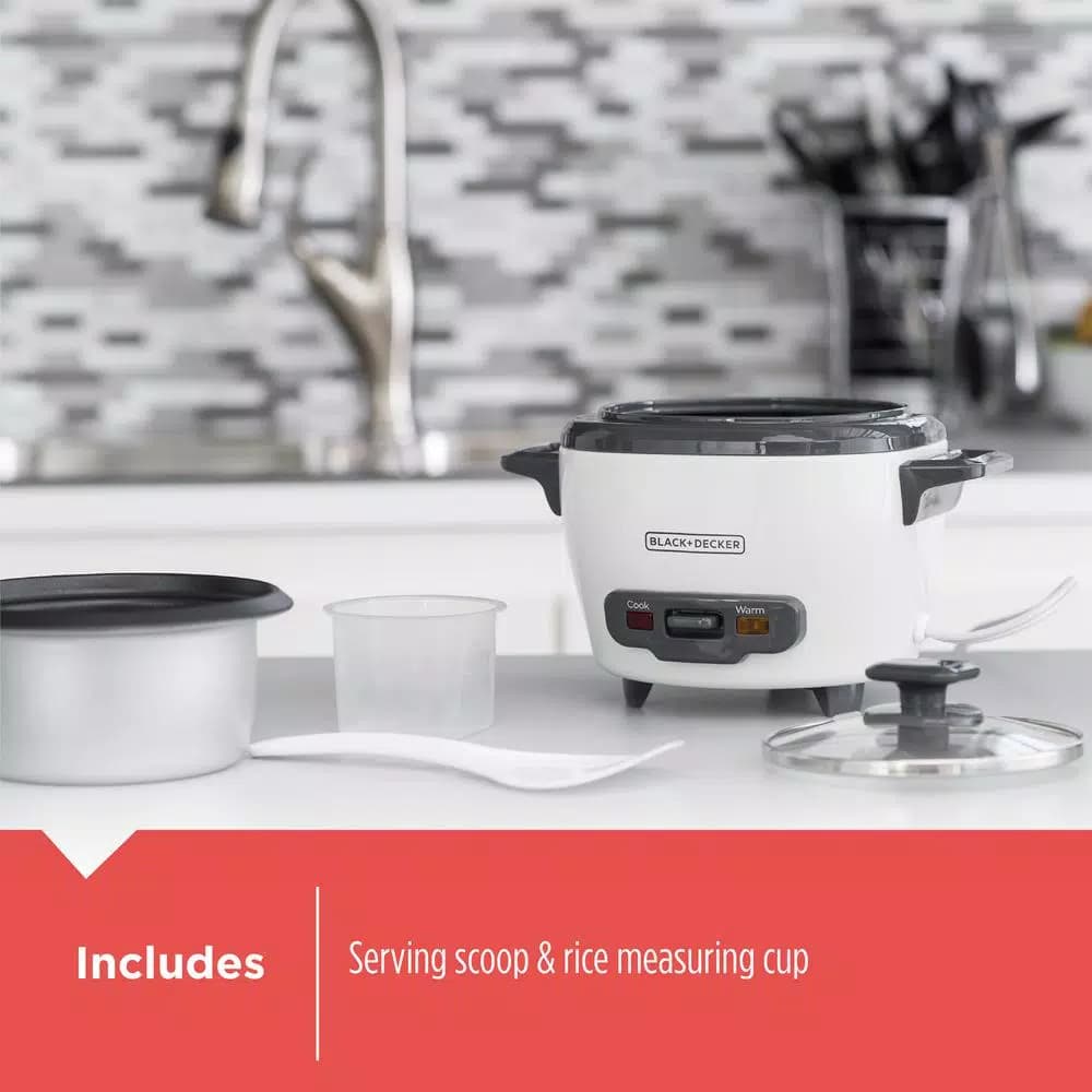 BLACK+DECKER 3-Cup White Electric Rice Cooker with Steaming Basket and Non-Stick Pot