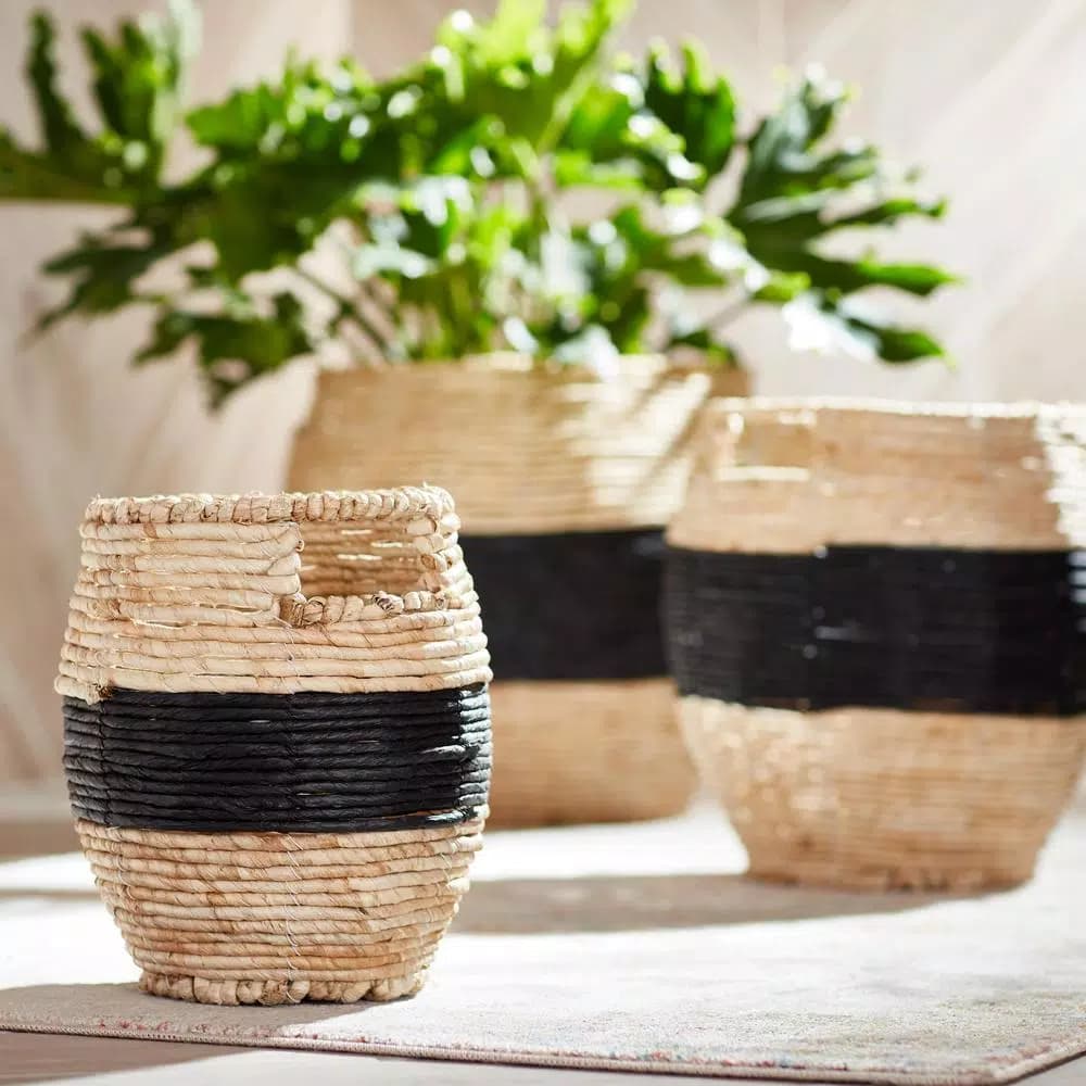 Unbranded Dorran Woven Cornhusk Baskets with Iron Frame, Set of 3, Brown Farmhouse Style