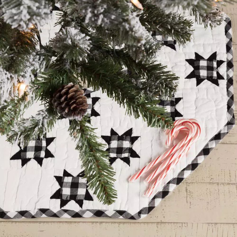 VHC Brands Emmie 21 in. Black and White Patchwork Christmas Tree Skirt, Hand-Quilted Cotton