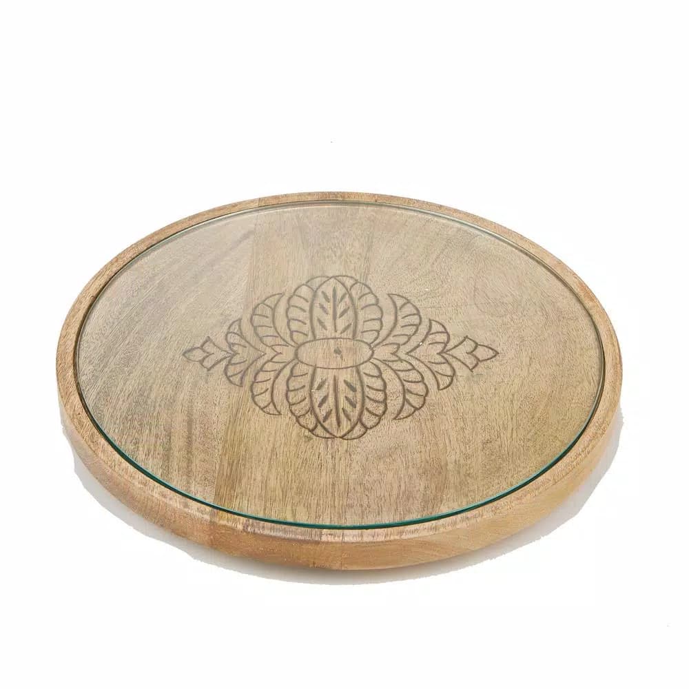 Mind Reader Round Bamboo Cheese Platter with Glass Top - Decorative Wooden Serving Tray