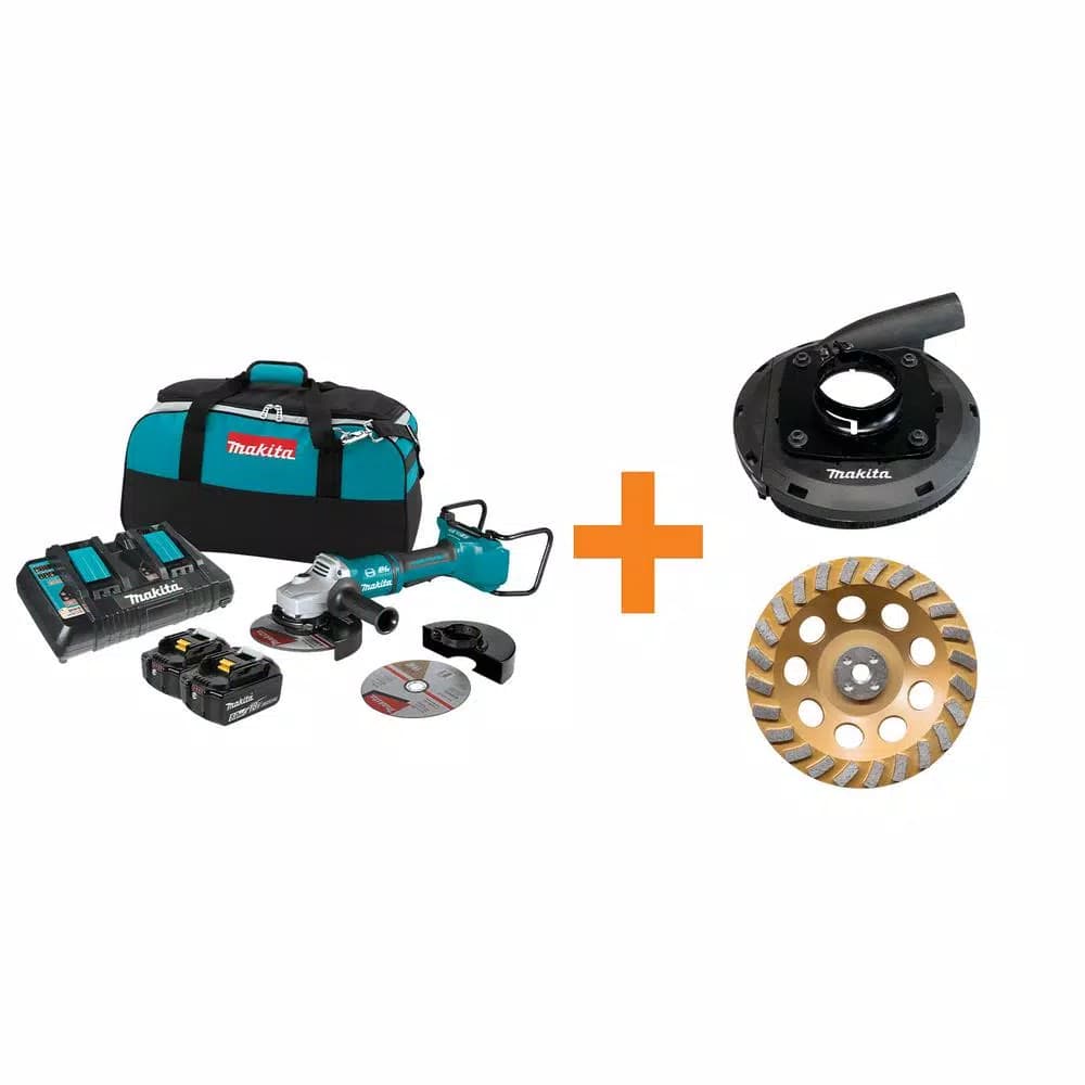 Makita 18V X2 LXT Brushless 7 in. Angle Grinder Kit w/ 5.0 Ah Batteries, Charger, Dust Shroud & Diamond Wheel
