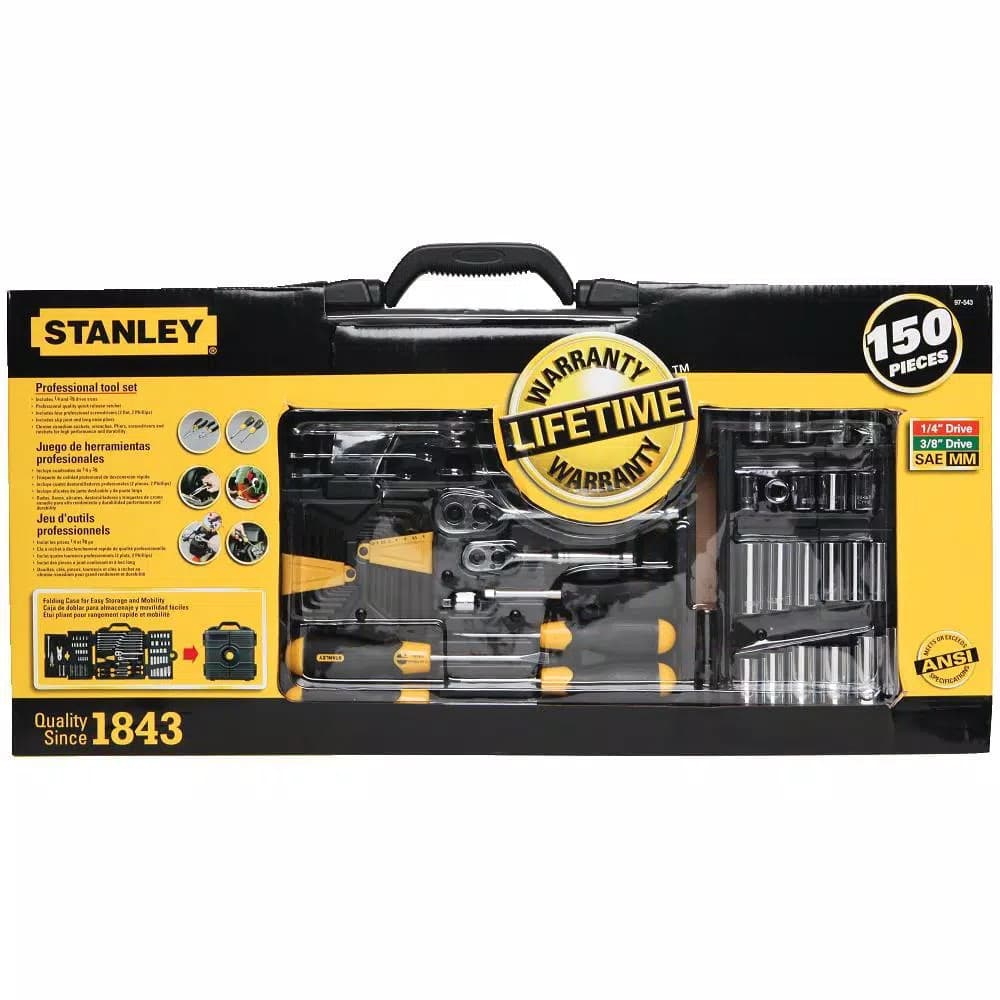Stanley 150-Piece SAE Mechanics Tool Set with 1/4 in. & 3/8 in. Drive, Chrome Vanadium Steel