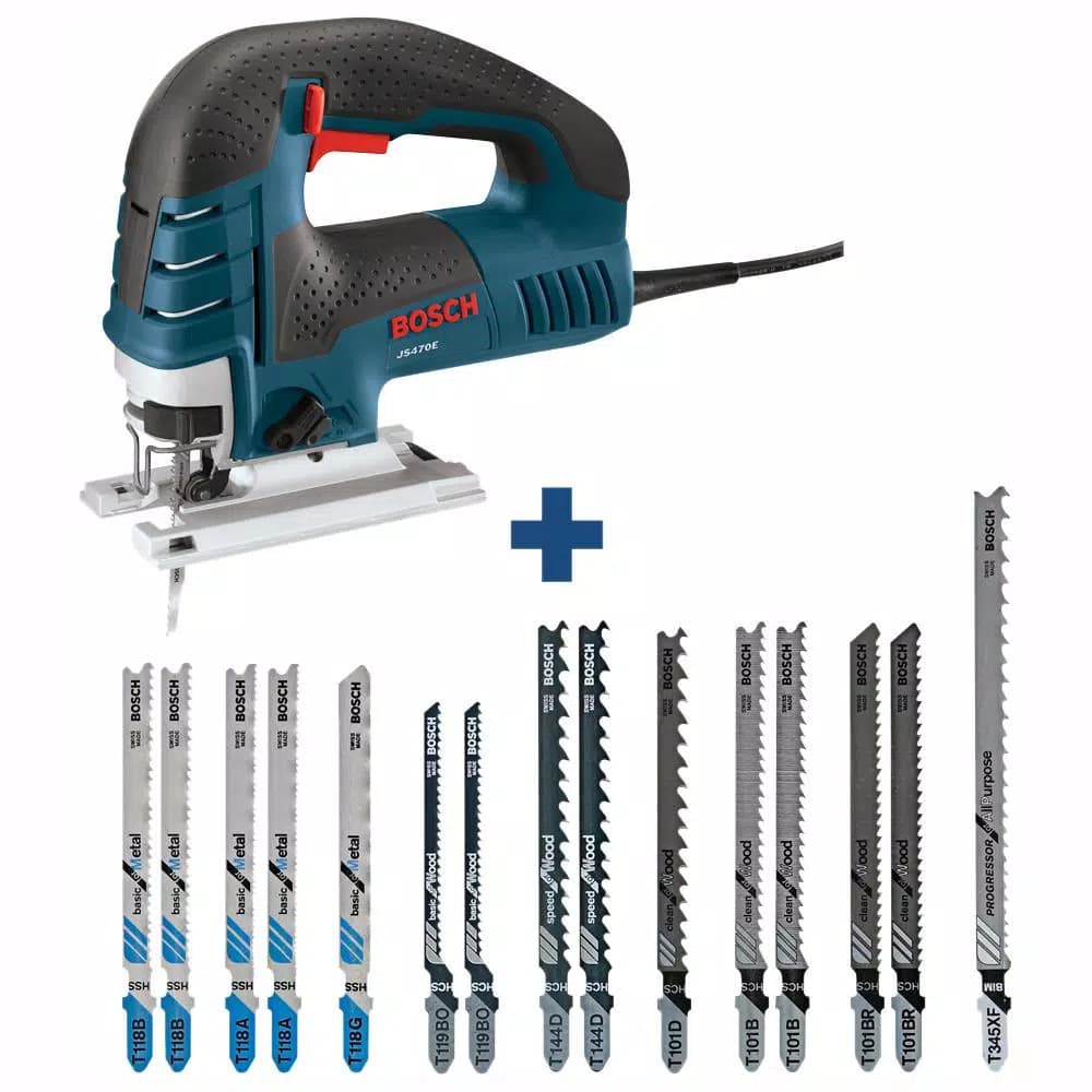 Bosch JS470E 7 Amp Corded Variable Speed Jig Saw Kit with Carrying Case and 15-Piece T-Shank Blade Set