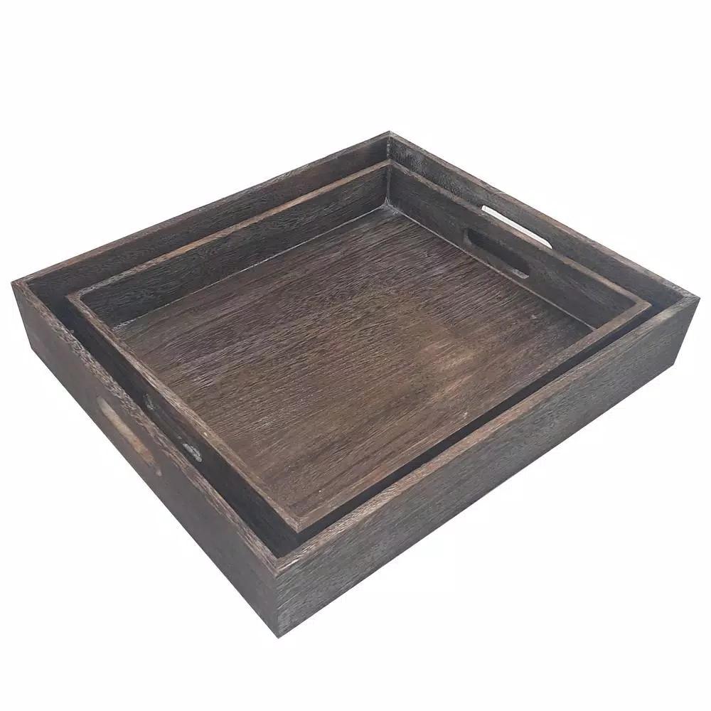 Admired By Nature Rustic Wooden Serving Tray Set of 2 with Handles, Antique Style Decorative Trays