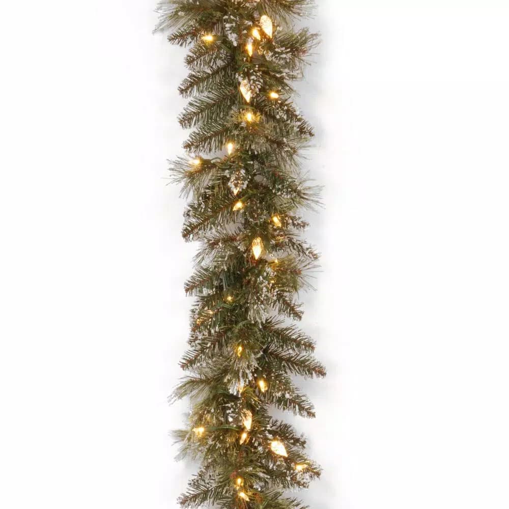Unbranded 9 ft. Glittery Bristle Pine Garland with 100 Warm White LED Lights