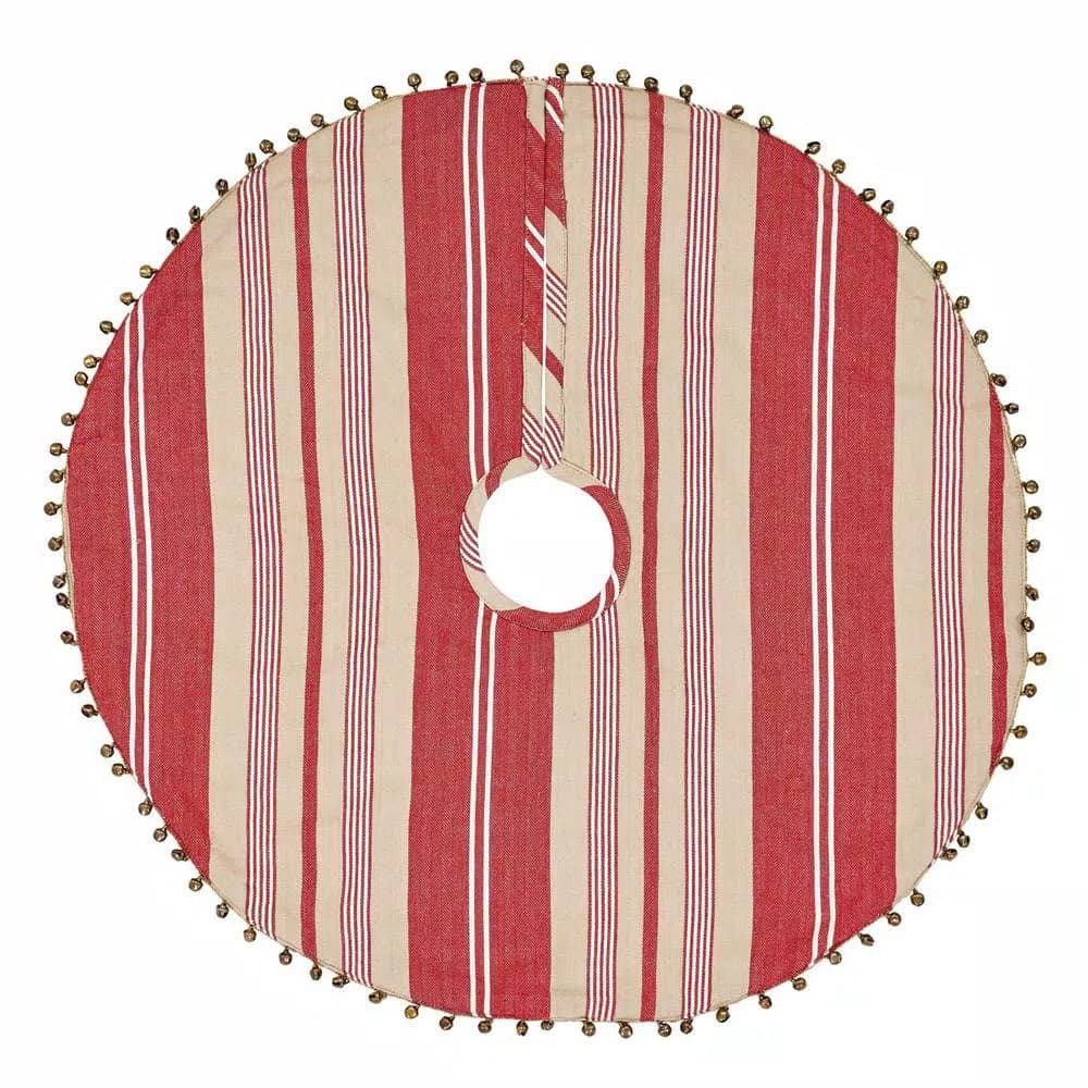 VHC Brands 21 in. Vintage Stripe Candy Apple Red Farmhouse Christmas Mini Tree Skirt with Jingle Bell Trim