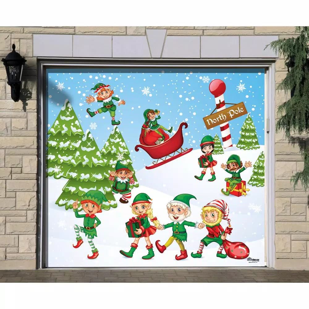 My Door Decor 7 ft. x 8 ft. North Pole Elves Christmas Garage Door Banner Mural