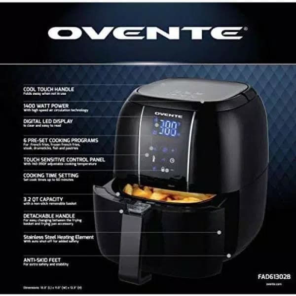 Ovente 3.2 Qt. Digital Air Fryer with Grill Pan and Non-Stick Basket, 1400W, 6 Presets