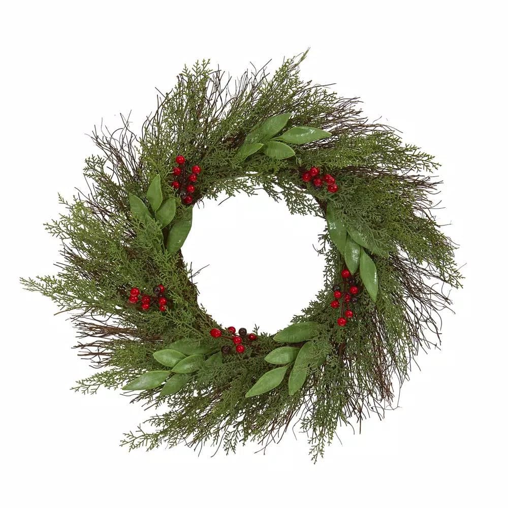 Nearly Natural 20in. Artificial Cedar and Ruscus Wreath with Red Berries