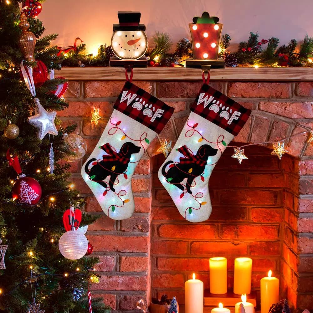 Glitzhome 21 in. LED Embroidered Dog Christmas Stockings, Cream Linen Polyester (2-Pack)