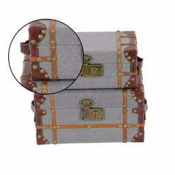 LITTON LANE Globetrotter Wood and Gray Burlap Fabric Decorative Storage Boxes with Leather Accents, Set of 2 thumbnail 3