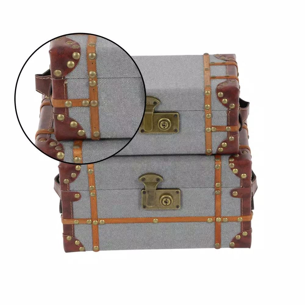 LITTON LANE Globetrotter Wood and Gray Burlap Fabric Decorative Storage Boxes with Leather Accents, Set of 2